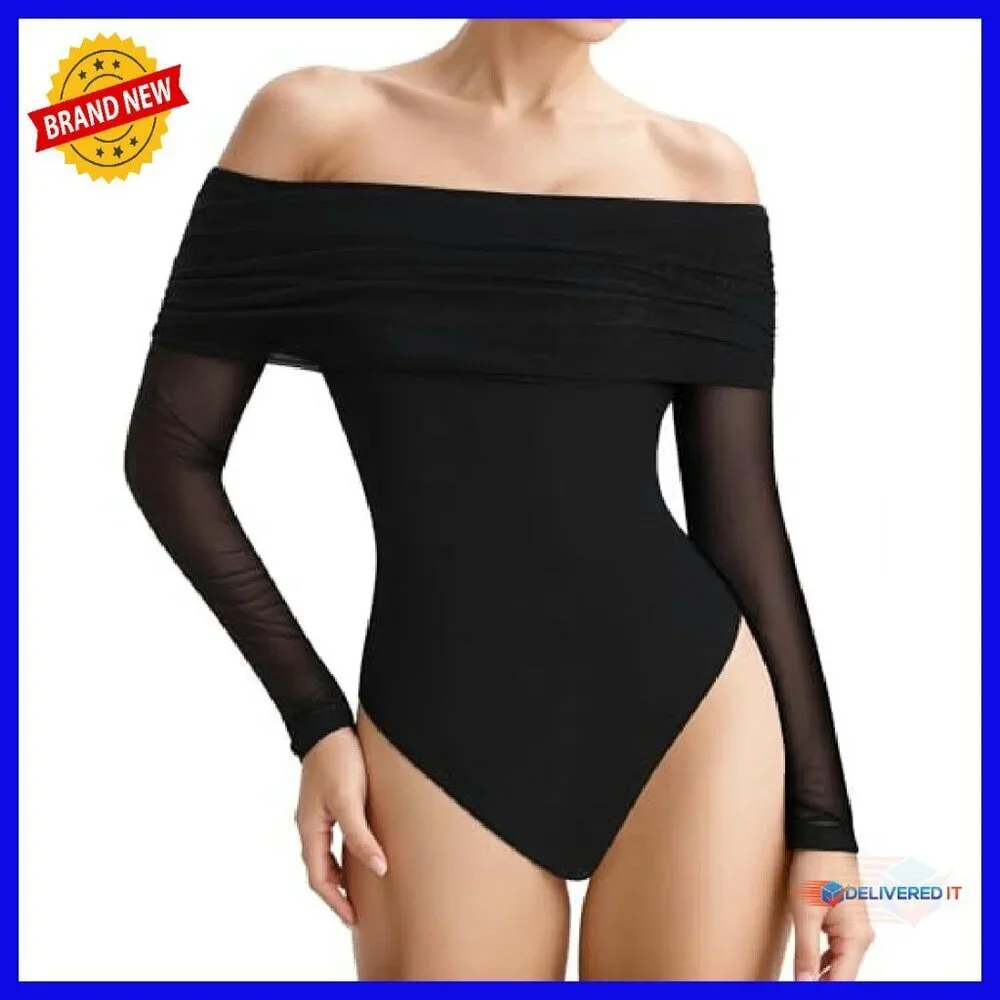 Sheer Mesh Off Shoulder Bodysuit Long Sleeve Backless Double Lined